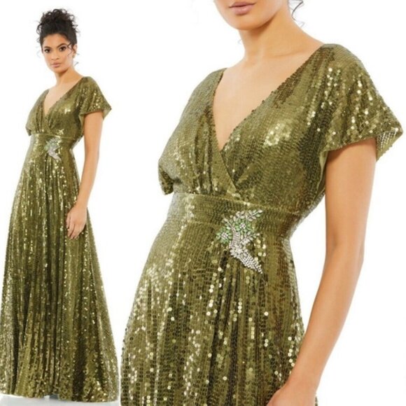 Mac Duggal Olive Green Sequined Butterfly Sleeve Faux Wrap A Line